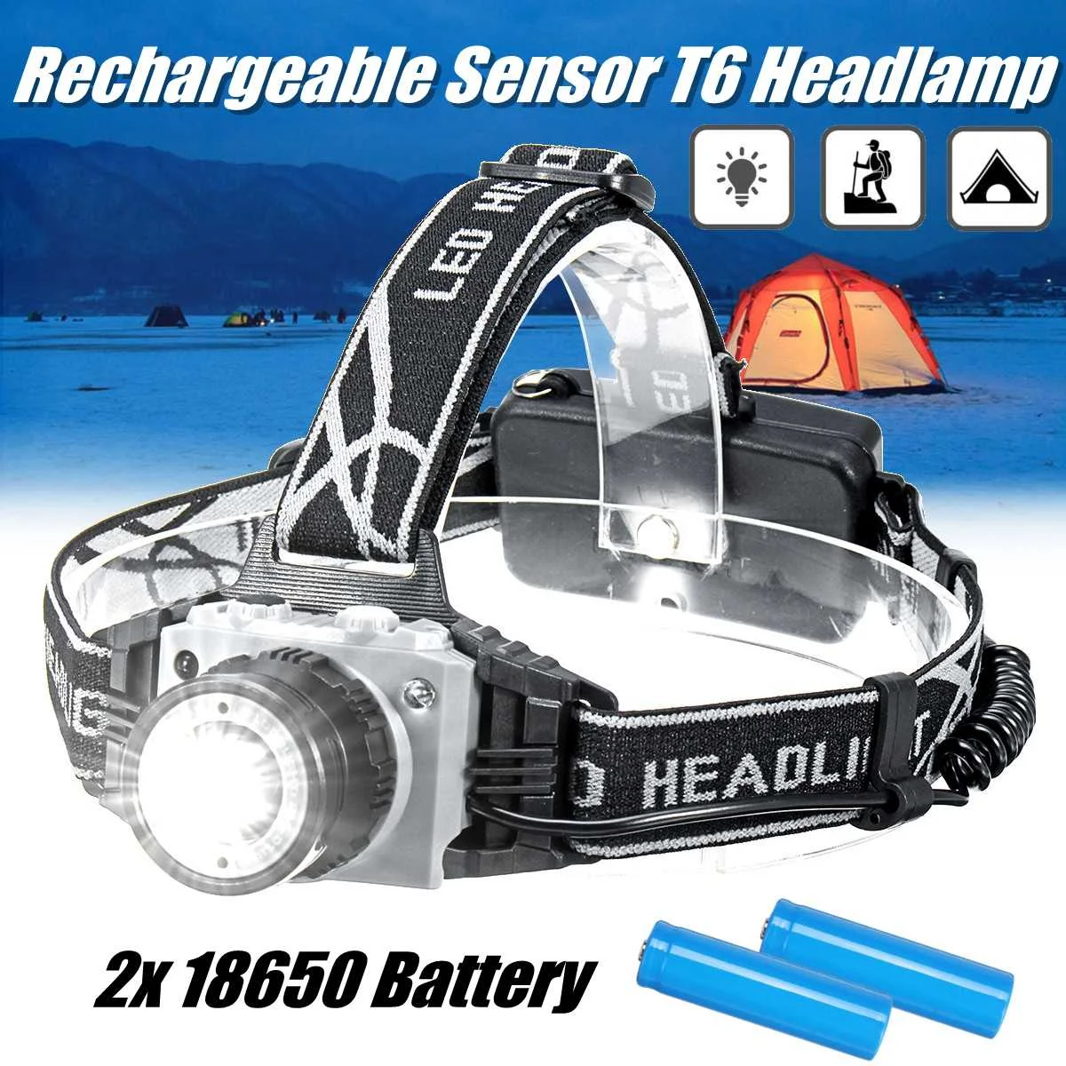 

2404 Rechargeable Sensor T6 Headlamp +2x18650 Mechanical zoom Camping Hiking Fishing Barbecue Party Car fixing Exploration
