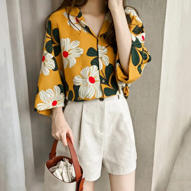 

Harajuku Cute Multicolor Boho Loose Floral Print Top Blouse Women Summer Ruffle Cap Sleeve Elegant Tops and Blouses Long Sleeve