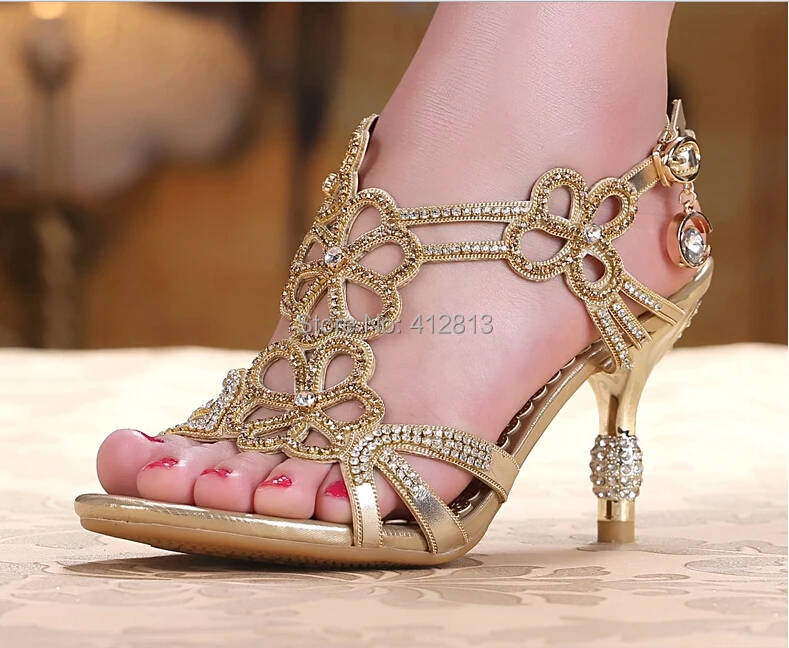 Gold Blue Sandal Floral Crystal Rhinestones Women Lady Bridal