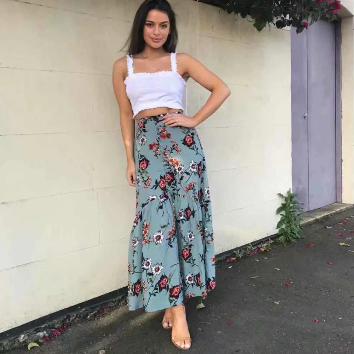

Summer Bohemian Floral Print Skirt Women Boho Hippie Beach Skirts Sexy Button Midi Skirt Faldas Mujer Jupe saia