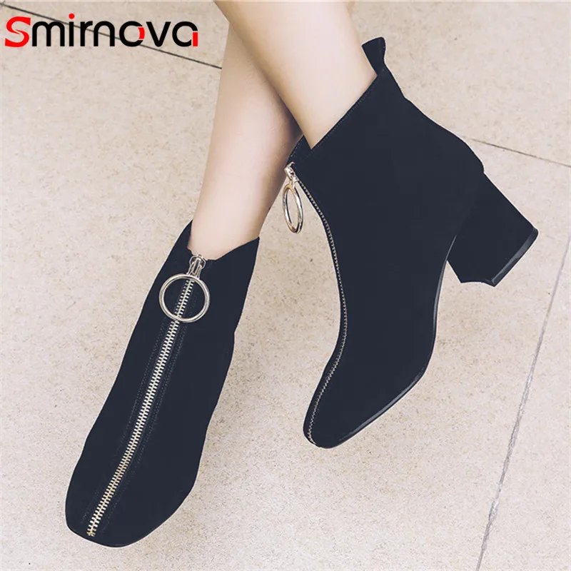 

Smirnova HOT autumn shoes ladies 2018 fashion cow suede leather boots casual zipper square toe ankle boots woman boots high heel