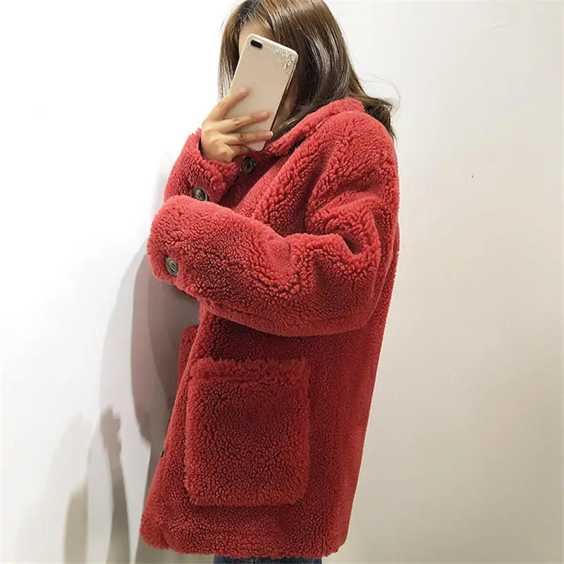 Осенне-зимняя куртка из искусственного меха ягненка, женская теплая утепленная куртка с длинным рукавом, женская Свободная куртка из овечьей шерсти, верхняя одежда, пальто с мехом для женщин, Q1724