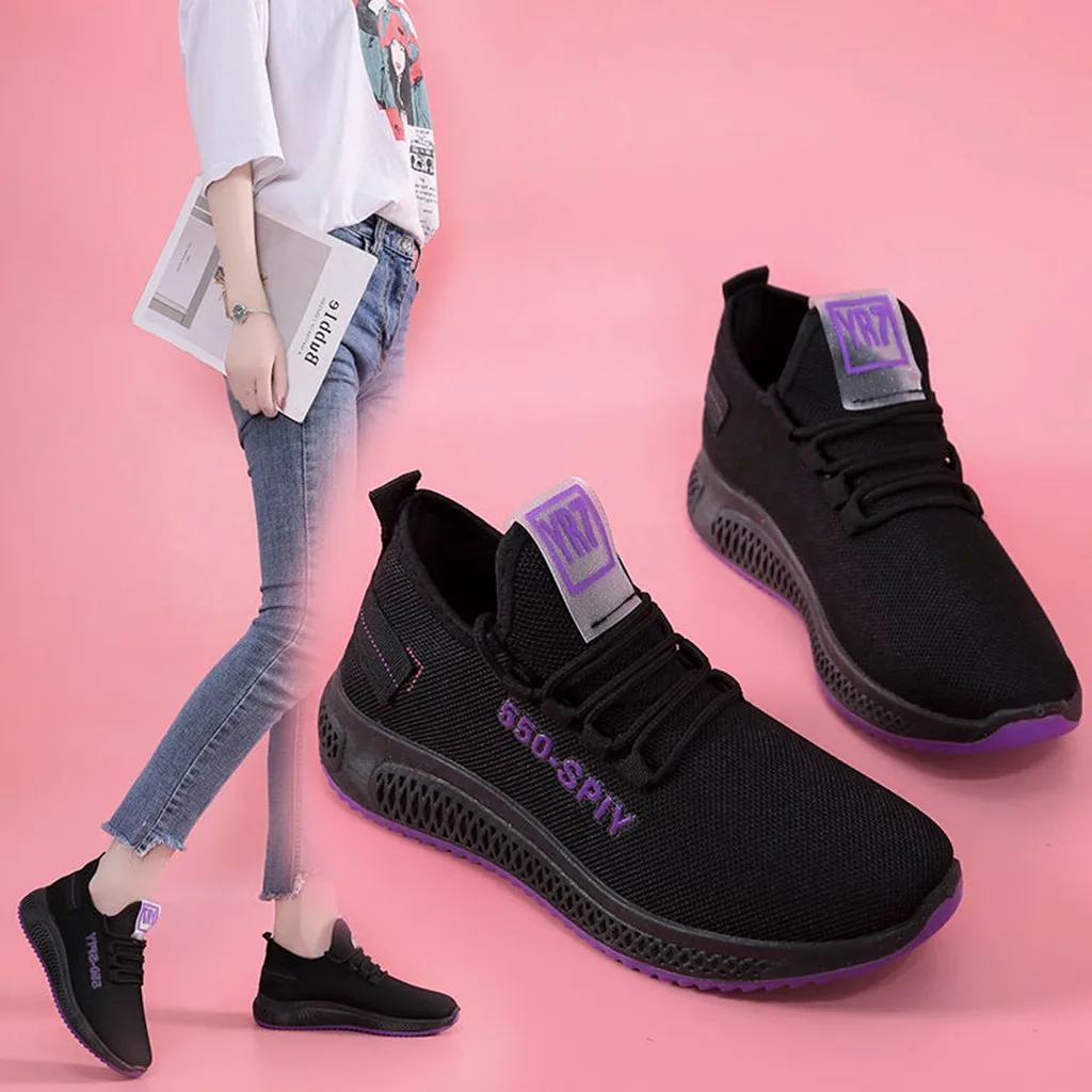 

Purple Black Lace Up Non Slip Fashion Women Sport Sneakers Shoes Running Walking Lightweight Flat With Ankle Sneakers Low Top