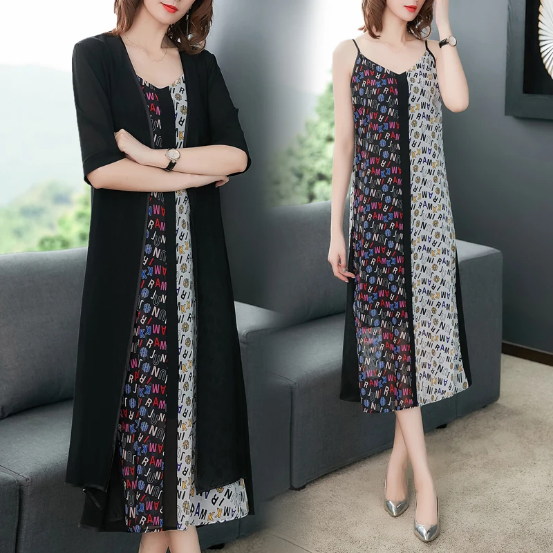 

Silk Dress Plus Size Large High Quality for Women 2 Piece Dresses Set Suits 2019 Summer Elegant Vintage Midi Loose Clothing