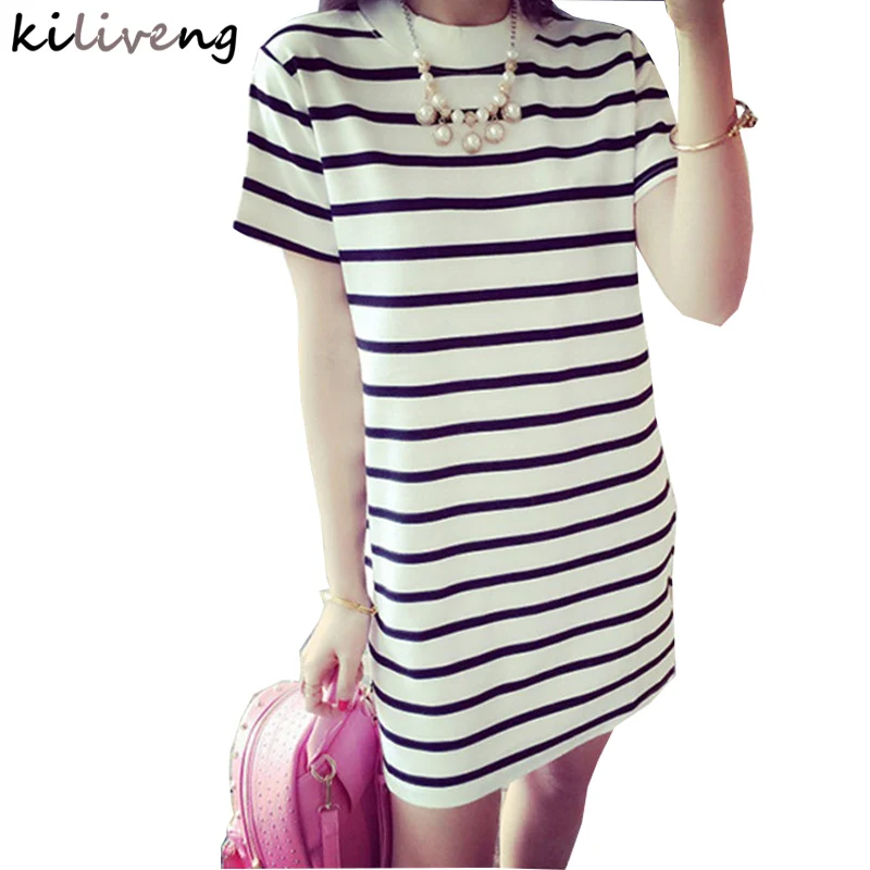 

kiliveng 2018 new spring summer autumn ladies loose thin striped knit dress little black dress K8902