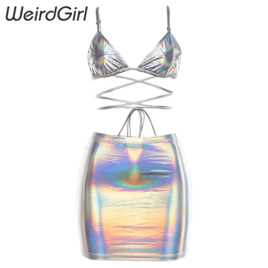 Серебристый Weirdgirl, женские комплекты, сексуальные, элегантные, 2 шт., бикини, наборы, серебряный цвет, светоотражающие, для девушек, юбки, эластичные, тонкие, вечерние, для клуба, летние, Новинка - Цвет: Серебристый