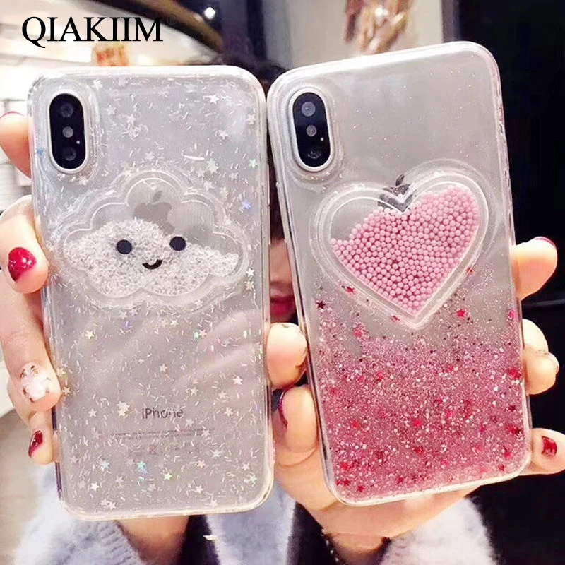 

Glitter Powder Smile Face Clouds Liquid Heart Phone Cases For iPhone X XR XS Max 6 6S 7 8 Plus Case Dynamic Ice Cream Soft Cover