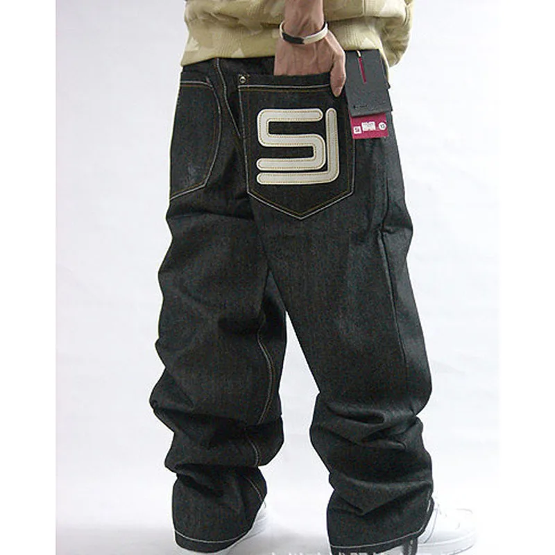 

Men's Black Baggy Jeans Hip Hop Designer Brand Skateboard Pants loose Style Plus Size 30-44 True HipHop Rap Jeans Boy