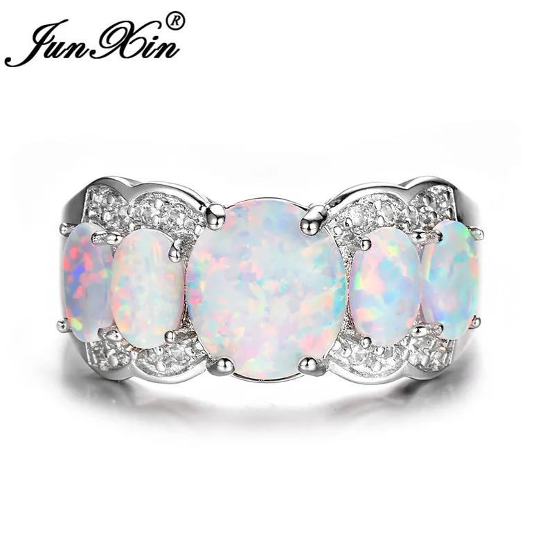 JUNXIN 925 Sterling Silver Luxury Big Oval Stone White Fire Opal Rings For Women Inlay Crystal Rainbow Birthstone Joint Ring