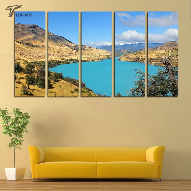 5 panel canvas painting set blue lake nature scenery wall pictures