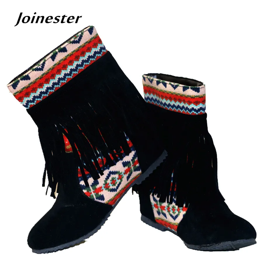 Billige Frauen Winter Stiefel Retro Ankle Bootie für Damen Herbst Frau Wildleder Kurze Stiefel Ethnische Fringe Schuhe Slip On Sicken Casual boot