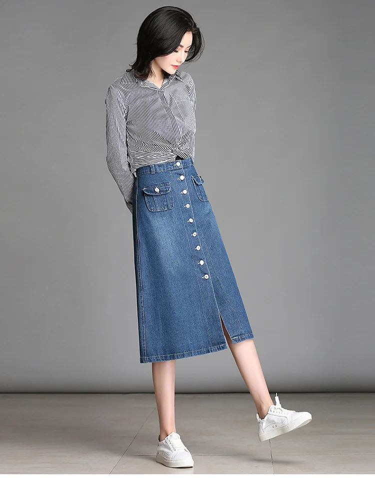 1018 весенне-летняя новая женская джинсовая юбка Женская длинная юбка с завышенной талией тонкая однобортная юбка для девочек