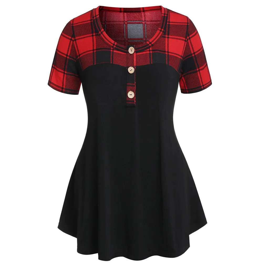 

Shirt women Plus Size Fashion Plaid Tunic blusas mujer de moda 2019 Botton O-Neck Short Sleeve Womens tops and blouses Blouse