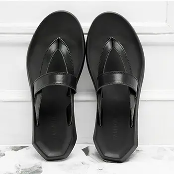 

Men's Strap Sandals Summer Slipper Genuine Leather Beach Shoes comfy flip-flops Black Solid slippers