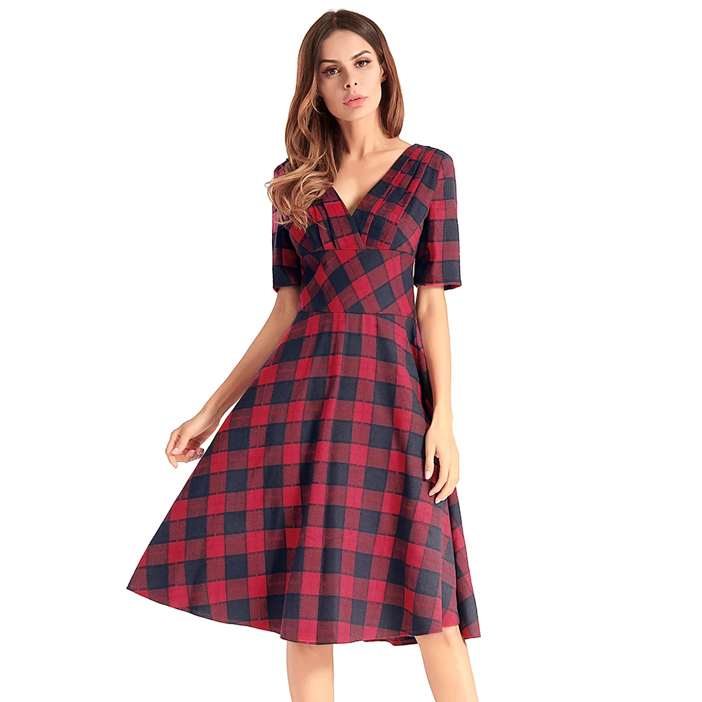New Fashion Women Plaid Checked Midi Dress V Neck Short Sleeve Summer Dress 2019 Slim Fit 