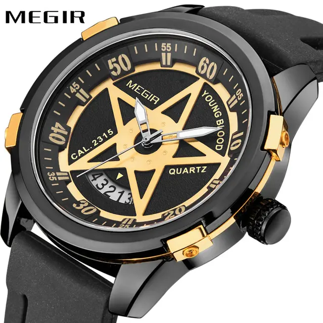 megir sport watch racing series men quartz yellow pentagram star