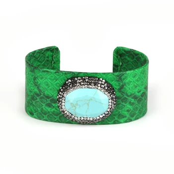 

big oval natural turquoises stone bead charm pave rhinestone adjustable green real snake leather wide wrap bangle cuff for women