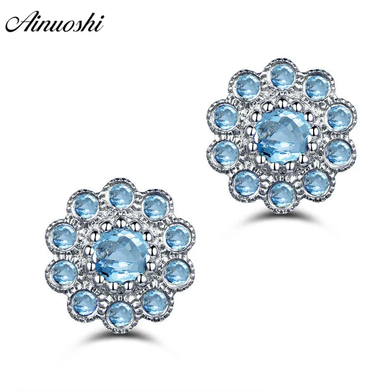 AINUOSHI Natural Blue Topaz Stud Earring 1.5ct Gems Push Back Silver