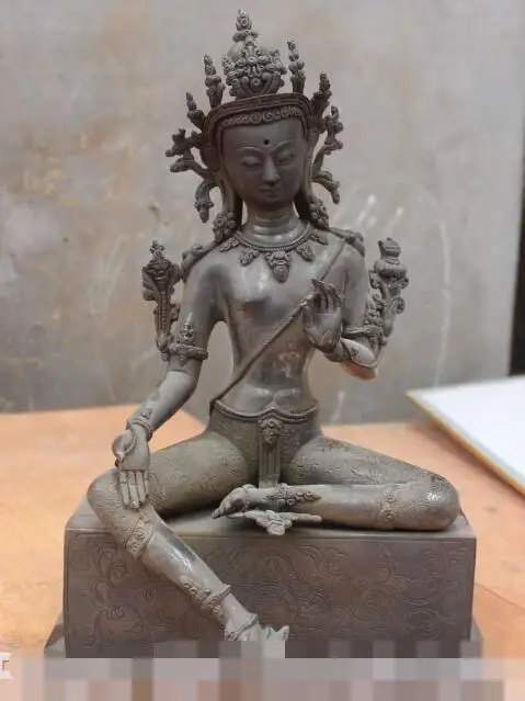 

S3165 12" Tibet Buddhism Temple Pure Bronze Green Tara Kwan-Yin Goddess Buddha Statue