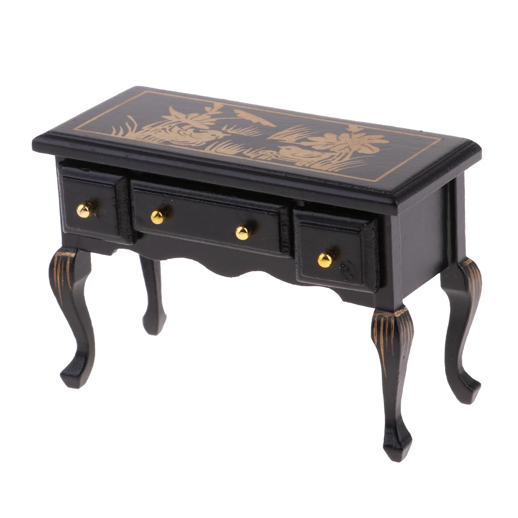 1/12 Miniature Doll House Furniture Vintage Wooden Table Desk with 3 Drawers Dollhouse Accessories