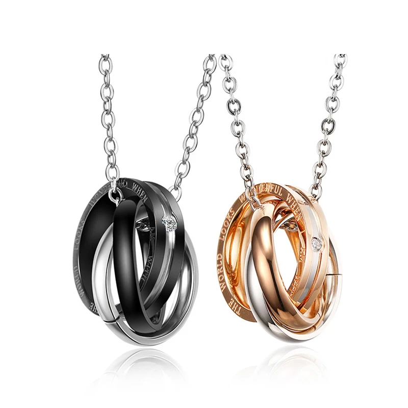 

JeeMango Interlocked Circle Pendant Engraved Words Couple Necklace Women Men Jewelry Stainless Steel Wedding Jewelry Gift N18232