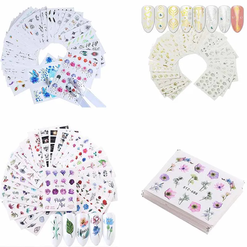

24pcs Watercolor Floral Flower Sticker Nail Decal Set Flamingo Letter Design Gel Manicure Decor Water Slider Foil