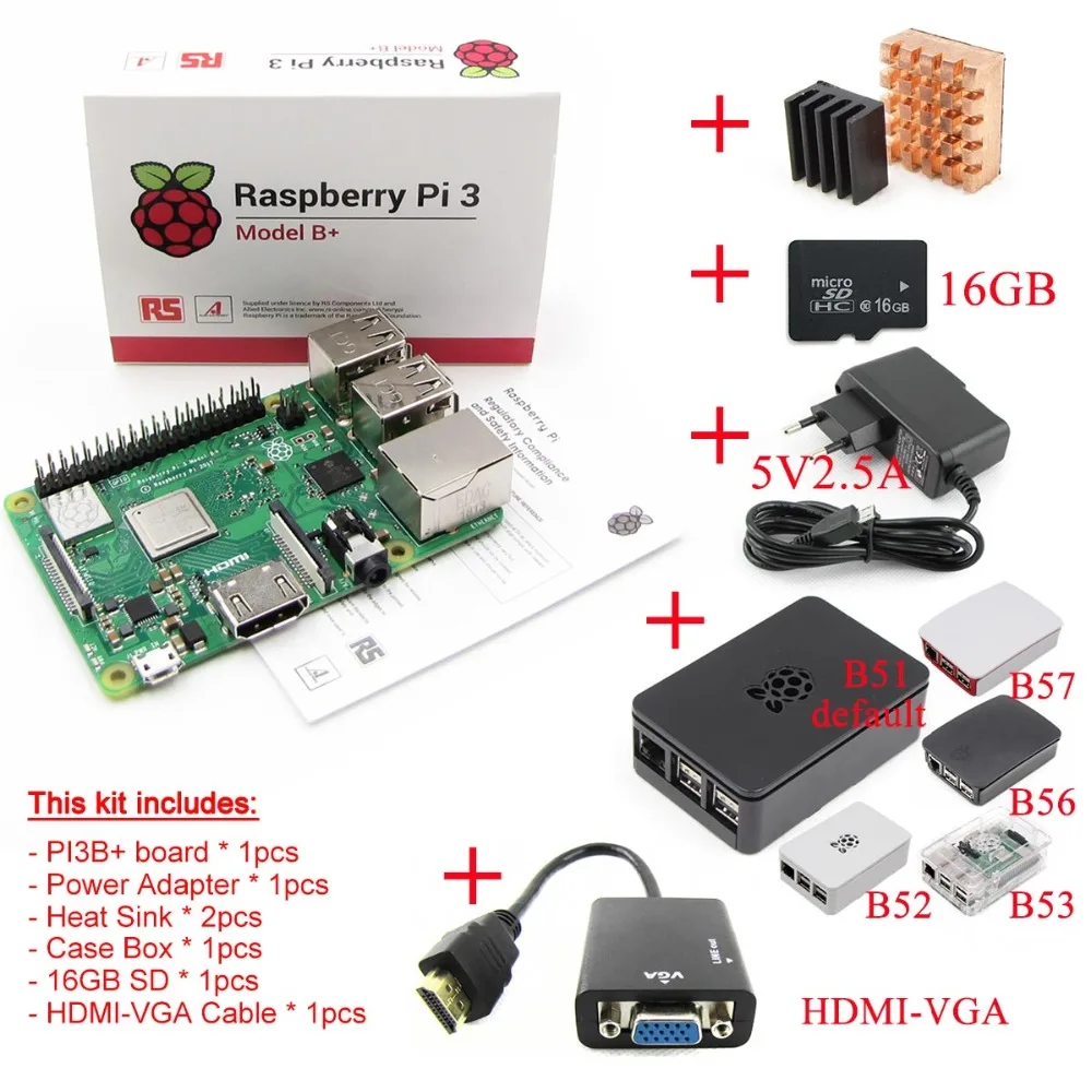 Raspberry Pi 3 Model B+ плюс плата+ теплоотвод+ адаптер питания источник питания переменного тока. 1Гб LPDDR2 четырехъядерный WiFi и Bluetooth