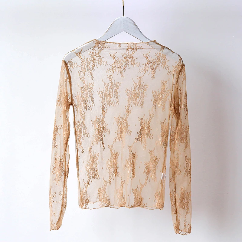 

Sexy & Club Lace long sleeve Embroidery O-neck Womens Tops And Blouses Ladies Vintage Korean beige white black Blouse Women