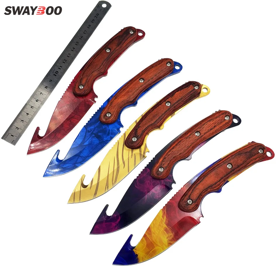 Swayboo Real CS:GO Gut Knife fade Counter Strike Fixed Blade rainbow Tactical Hunting tiger tooth Survival Knives sheath