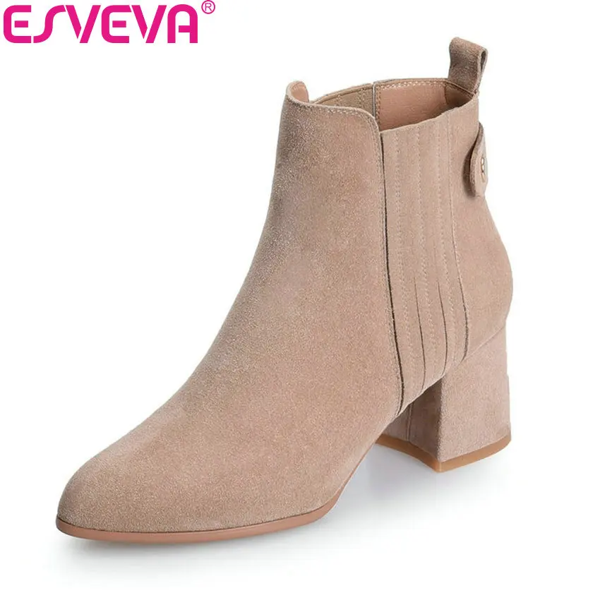 

ESVEVA 2018 Women Boots Elegant Handmade Chunky Warm Fur Boots Square High Heels Pointed Toe Ankle Boots Ladies Shoes Size 34-39