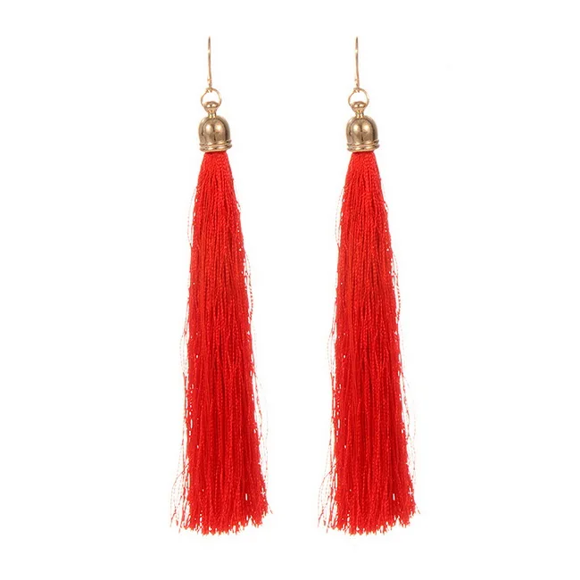 ZINI брендовые черные женские серьги с кисточками, модные ювелирные изделия в богемном стиле, Висячие длинные серьги из шелковой ткани, этнические Винтажные серьги - Окраска металла: red earrings