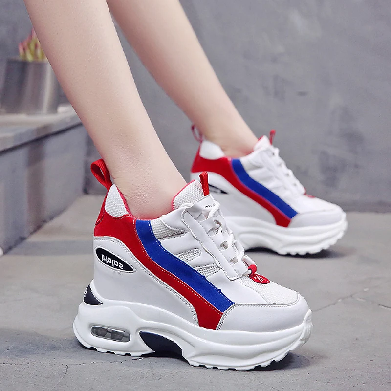 

Spring Summer Women Chunky Sneakers 9cm Hight Increase Platform Sneakers Elevator Casual Shoes Woman Flats High Heels Wedges