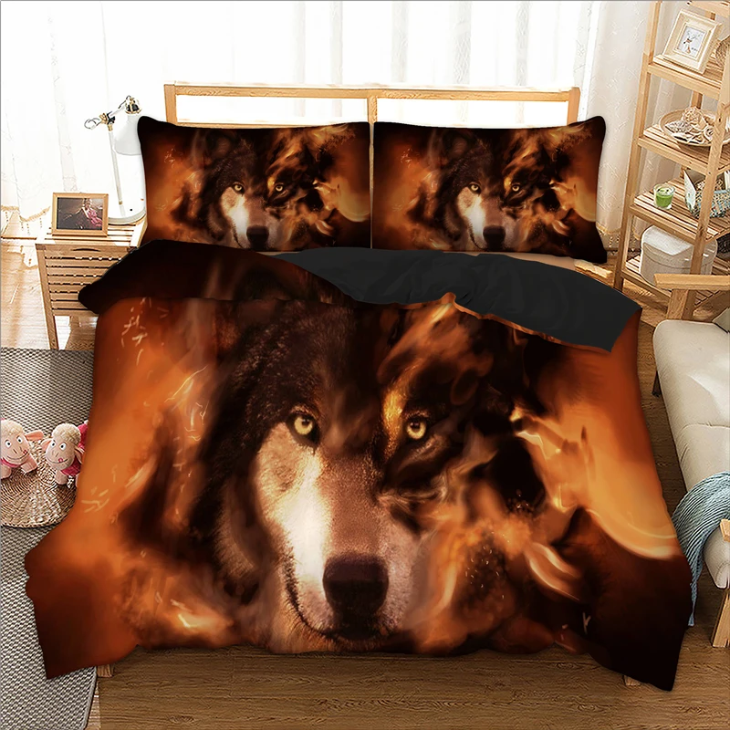 

Flame wolf printed bedding set Twin Full Queen single Sizes Animal bed linens set 100% polyester duvet / quilt cover set 3pcs