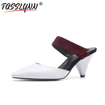 

TASSLYNN 2019 White Women Slippers Fashion Spike High Heels Shoes Sexy Cow Leather+PU Slip on Pointed Toe Women Shoes Size 34-39