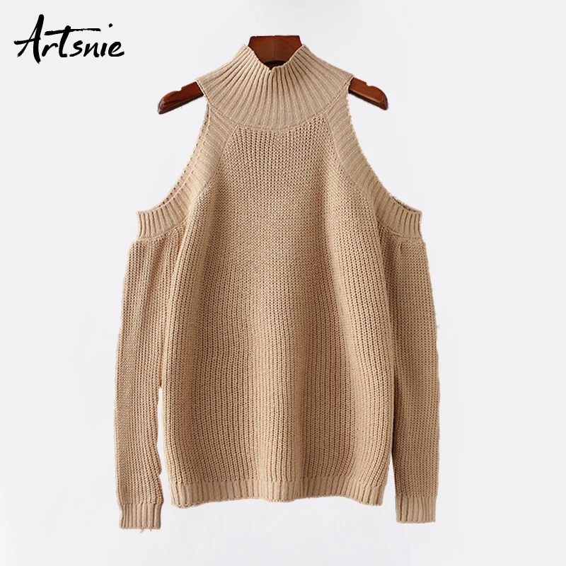 

Artsnie Off Shoulder Streetwear Khaki Knitted Pullovers Women Turtleneck Long Sleeve Autumn 2018 Sweaters Pull Femme Jumpers