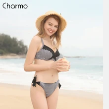 Charmo Women Swimwear Bikini Set Low Waist Striped Print Push up Tied Front Swimsuit Bandage Strappy Beachwear Charmo Women Swimwear Bikini Set Low Waist Striped Print Push up Tied Front Swimsuit Bandage Strappy Beachwear