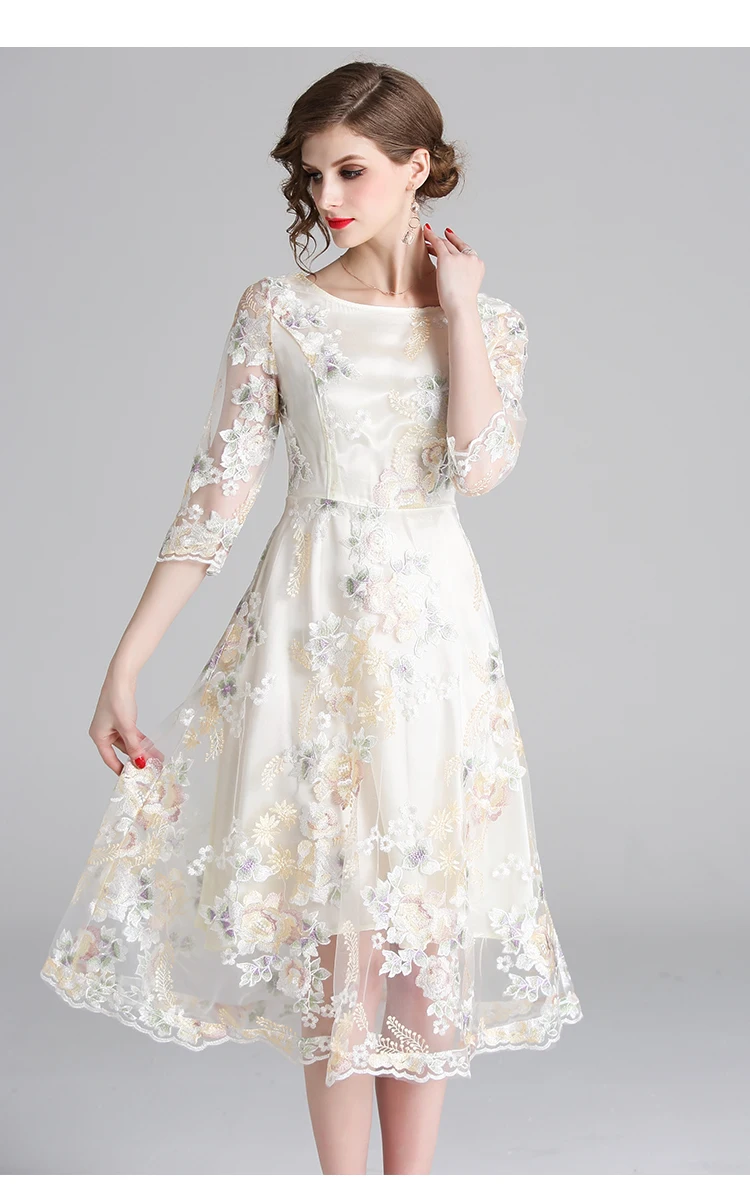 Comelsex/ летнее кружевное платье для работы, повседневное, тонкое, модное, с круглым вырезом, сексуальное платье с вышивкой и с сетчатыми вставками, женское ТРАПЕЦИЕВИДНОЕ винтажное платье