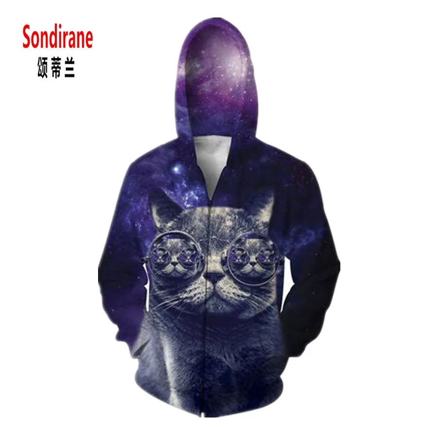 Sondirane New 3D Print Cute Cat Wearing Glasses Galaxies Space Graphics Hoodies Design Zipper Casual Sweatshirt