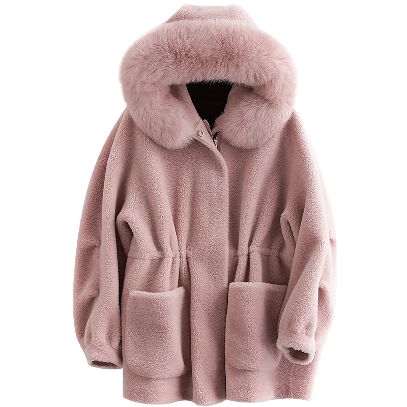 

Women's Fur Coat Women Tops 100% Wool Coat Female Jacket Korean Autumn Winter Fox Fur Collar Vintage Sheep Shearling Fur ZT1624