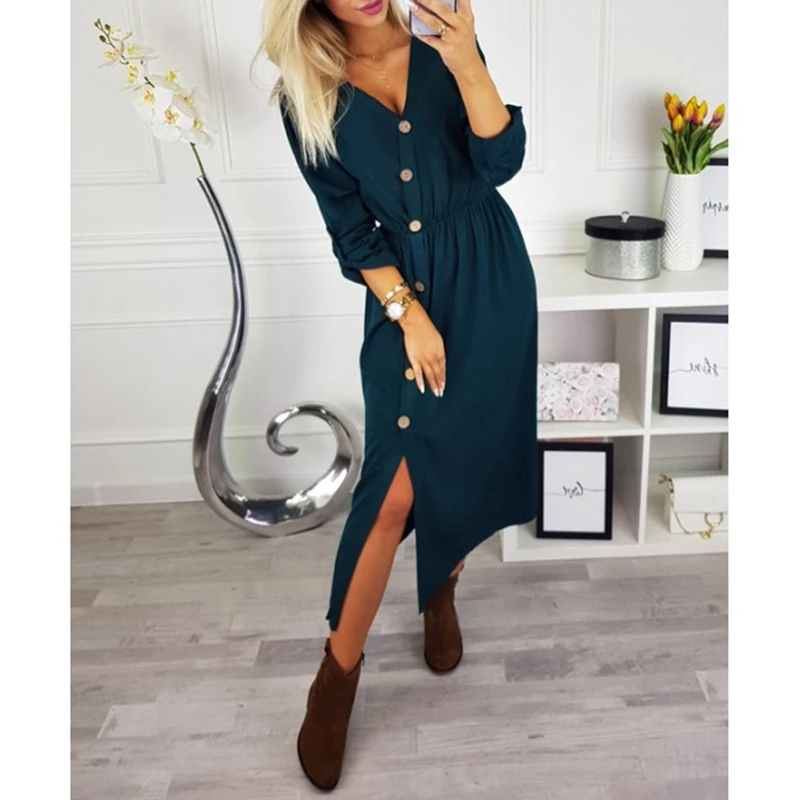 

Autumn Winter Button Front Split Long Dress 2018 Women Solid Long Sleeve Casual Loose Dress Girl V-Neck Dresses Vestidos SJ608M
