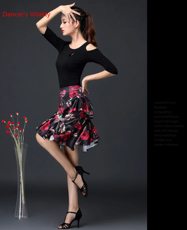 Женская юбка для латинских танцев новая одежда для бальных танцев Одежда для тренировок юбка с принтом листьев лотоса короткая юбка для сцены