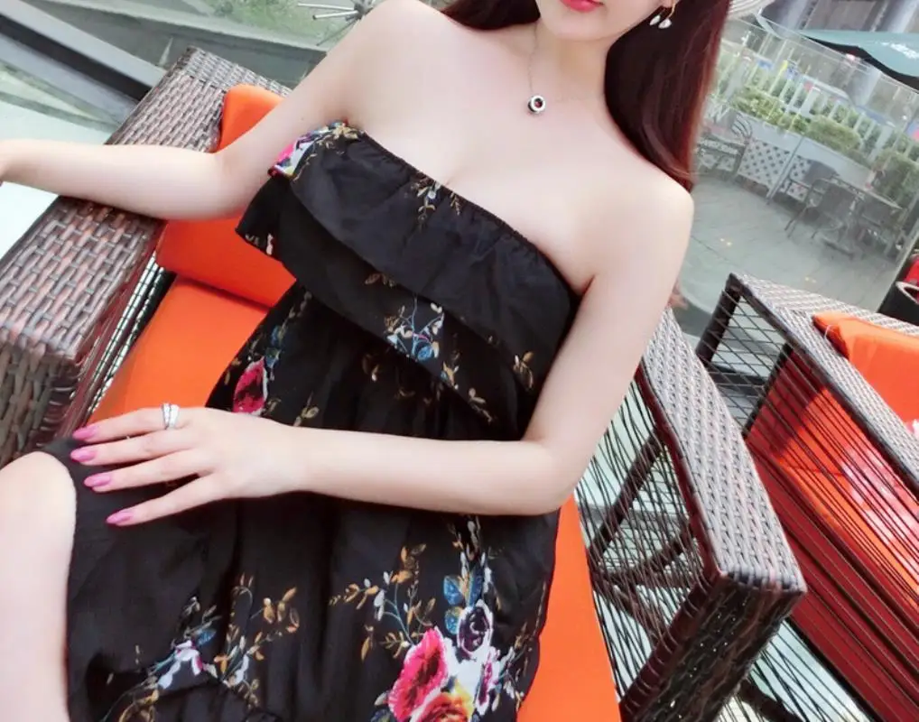 2018 New Summer Women's  Sexy  Printing  Ruffles Tops  Irregular Paty Dress Free Shipping