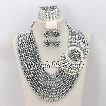 

Silver Gray Beads For African Wedding Glamorous Nigerian Beads Jewelry Set Hot Item Free Shipping ABE099
