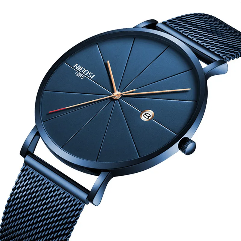 NIBOSI Men Blue Stainless Steel Ultra Thin Watches Men Classic Quartz Watches Luxury Date Men's Wrist Watch Relogio Masculino