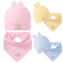 Хлопковые детские шапочки для детей, милые заячьи ушки, шапка и шарф для маленьких мальчиков и девочек, детская шапочка шапка для малышей, слюнявчик для детей 0-3 месяцев