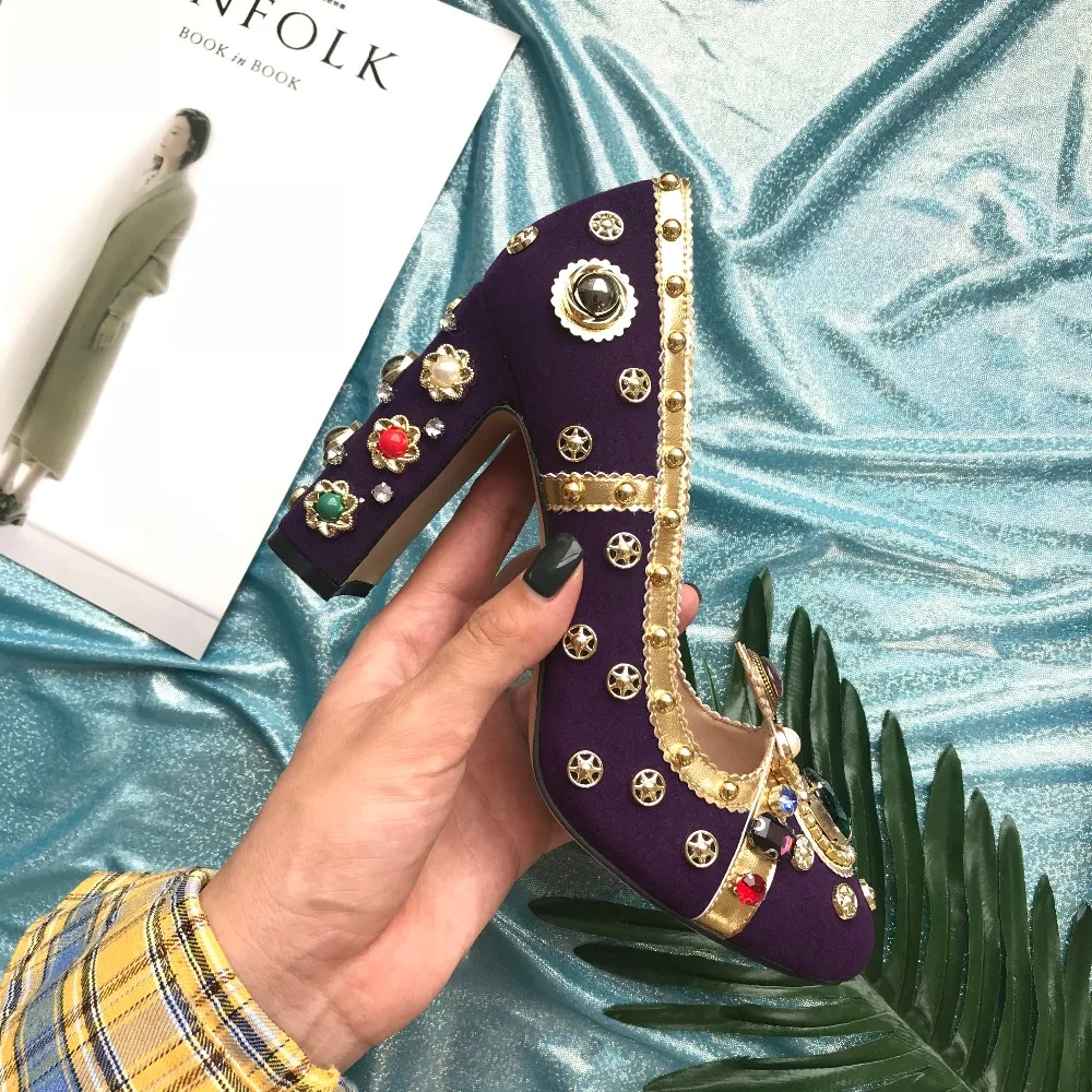 

Hot Spring Autumn Shoes Woman Retro Shallow Suede Pumps Metal Decro Square High Heels Designer Woman Party Pumps Plus Size Tide