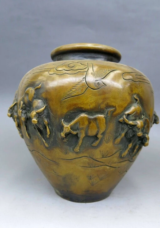 

China brass copper carved fine Beautiful many cattle ox bird Vase Statue