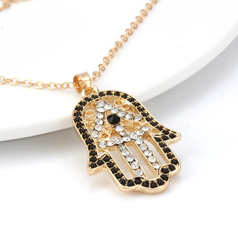 Женское ожерелье с подвеской Хамса кристаллами|necklace jewelry|gold necklacehamsa hand pendant |