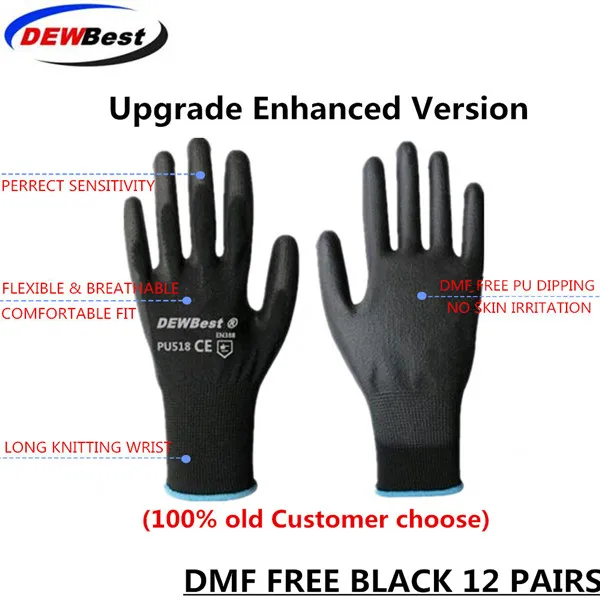 DEWBest guantes trabajo безопасности работы Перчатки Pu защитные рабочие перчатки 24/, 12 пар носочков на автомобильной сборки Перчатки - Цвет: Black DMF 12pairs