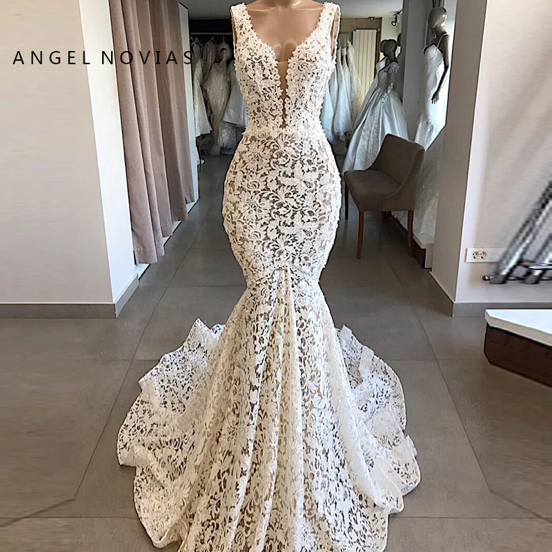 Длинное кружевное свадебное платье русалки с открытой спиной и v-образным вырезом свадебное платье из вуали на заказ